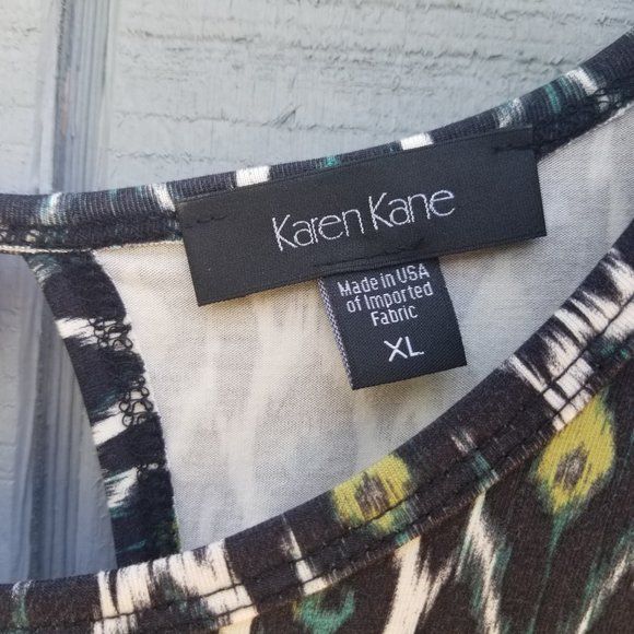 NWOT Karen Kane Ikat Print Crew-neck Cap-sleeve Hi-Lo Elliptical Top Made in USA - Picture 3 of 11